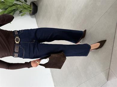 Koyu Mavi Wideleg Likralı Kemerli Pantolon