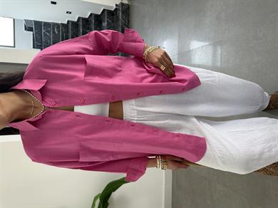 Koyu Pembe Flamlı Keten Çift Cep Oversize Gömlek