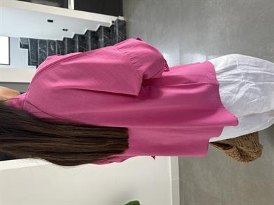 Koyu Pembe Flamlı Keten Çift Cep Oversize Gömlek