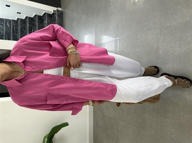 Koyu Pembe Flamlı Keten Çift Cep Oversize Gömlek