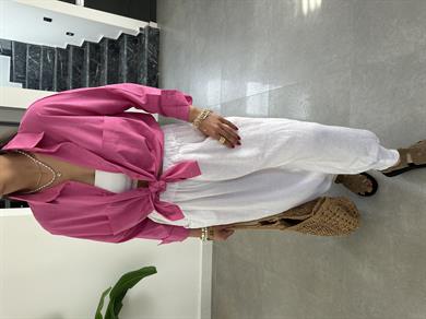 Koyu Pembe Flamlı Keten Çift Cep Oversize Gömlek