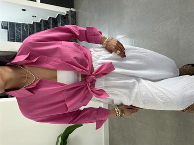 Koyu Pembe Flamlı Keten Çift Cep Oversize Gömlek