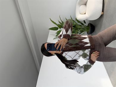 Koyu Tarçın-Kemik Baklava Desen Hırka