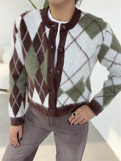 Koyu Tarçın-Kemik Baklava Desen Hırka