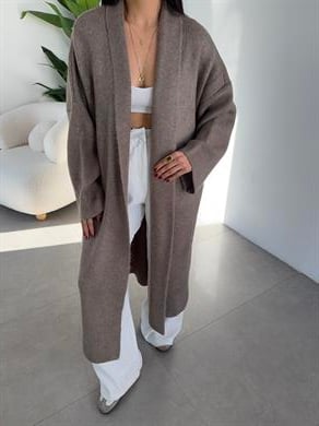 Koyu Vizon Uzun Salaş Maxi Triko Hırka