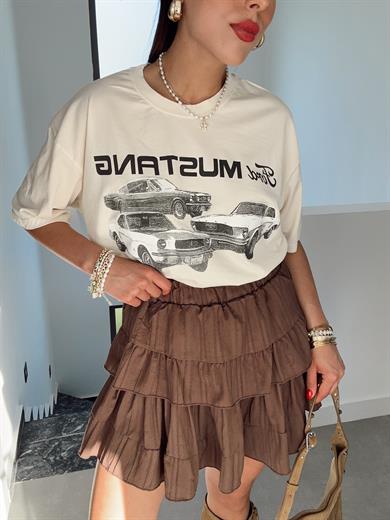 Krem Araba Baskılı Tişört