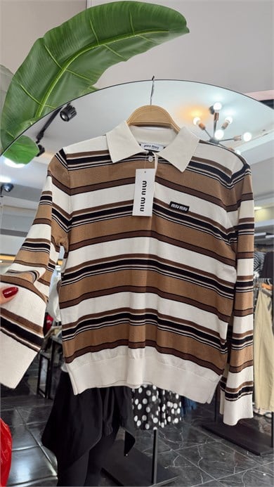 Krem-Camel Çizgili Polo Yaka Triko
