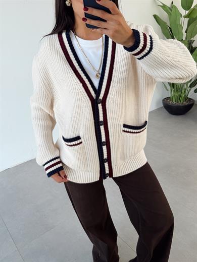 Krem Cepli Renkli Hırka