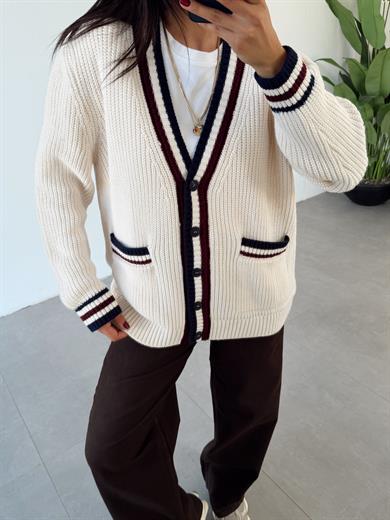 Krem Cepli Renkli Hırka