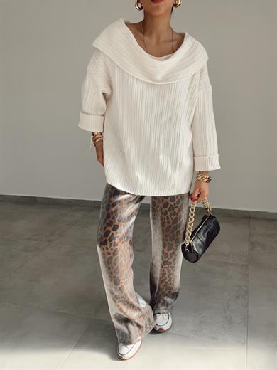 Krem Degaje Yaka Fitilli Kazak