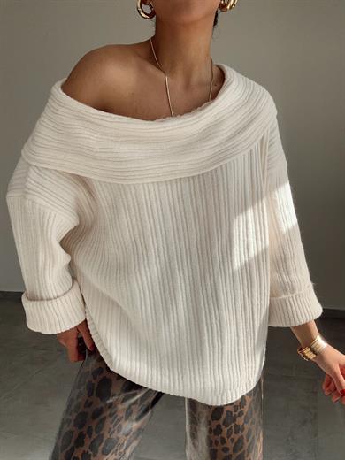 Krem Degaje Yaka Fitilli Kazak