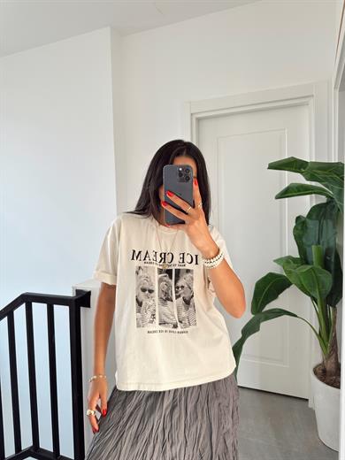 Krem Ice Cream Baskılı Tshirt