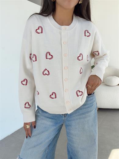 Krem Kalp Nakışlı Hırka