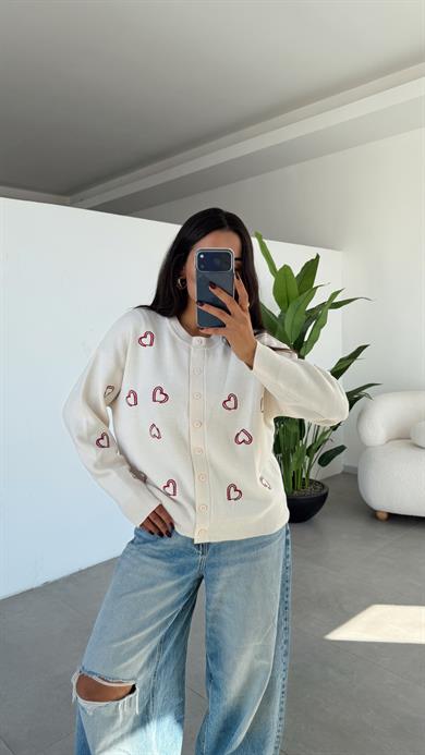 Krem Kalp Nakışlı Hırka