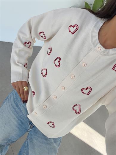 Krem Kalp Nakışlı Hırka