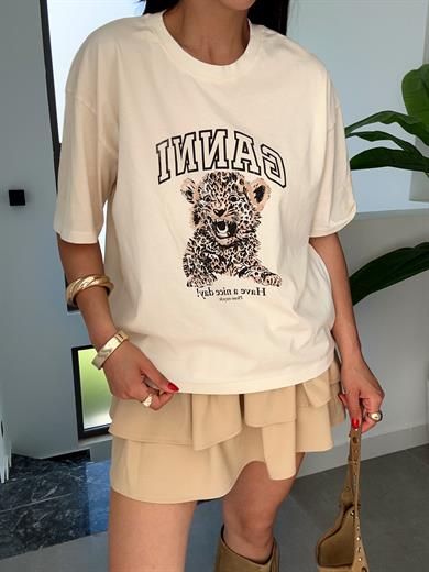 Krem Lion Baskılı Tişört