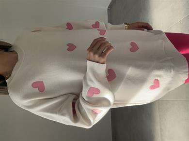 Krem Pembe Kalp Nakışlı Kazak