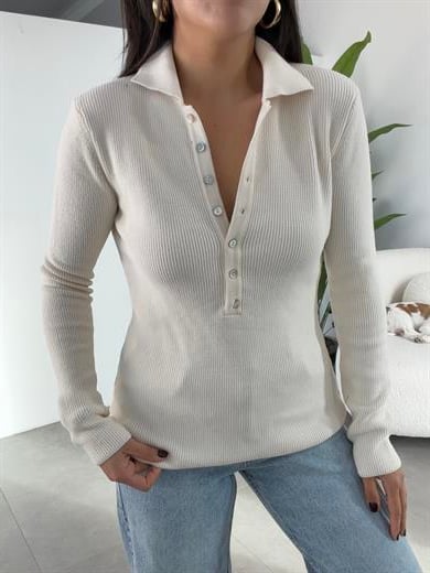 Krem Uzun Kollu Polo Yaka Kazak