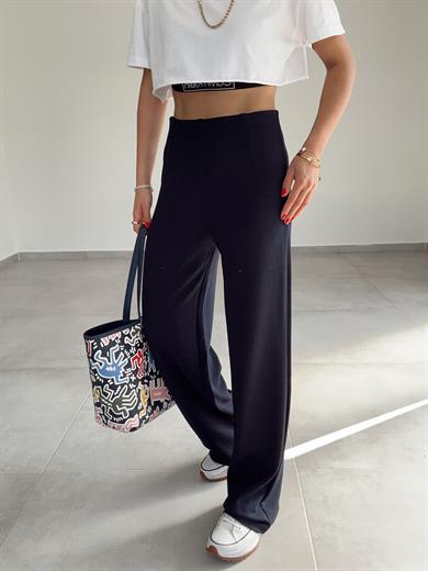Krep Kemersiz Palazzo Lacivert Pantolon
