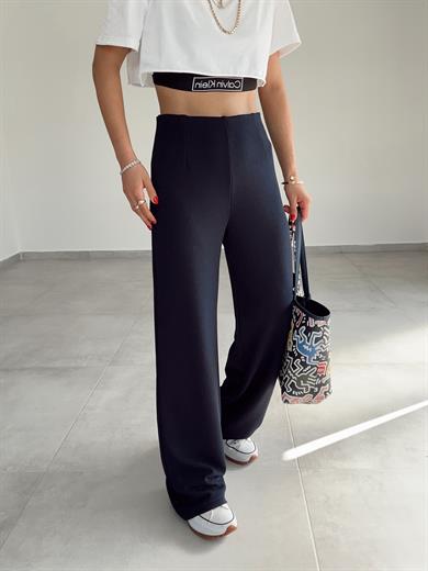 Krep Kemersiz Palazzo Lacivert Pantolon