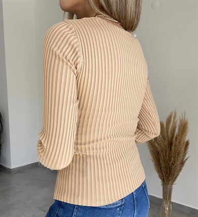 Kruvaze Fitilli Camel Triko Kazak