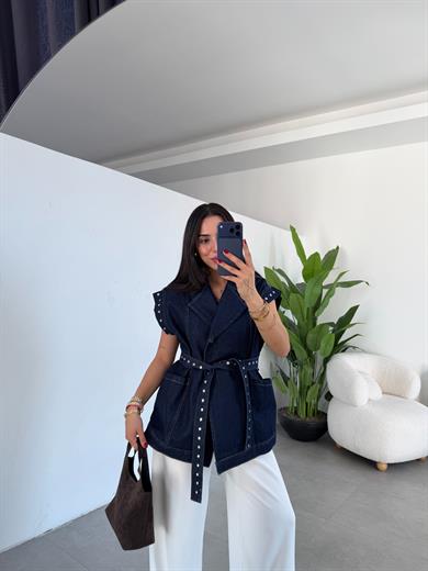 Kuşaklı Trop Detaylı Oversize Yelek