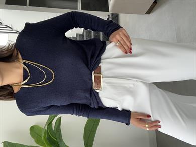 Lacivert Açık Yaka Uzun Kol Triko