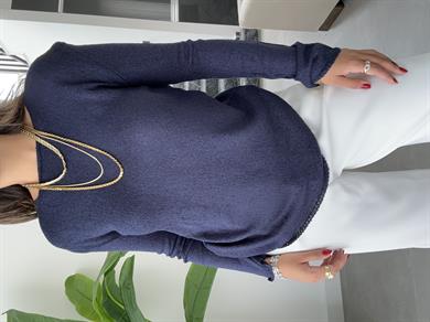 Lacivert Açık Yaka Uzun Kol Triko