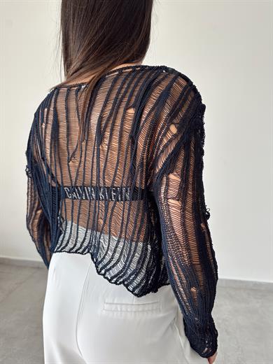 Lacivert Ajurlu Triko Bluz