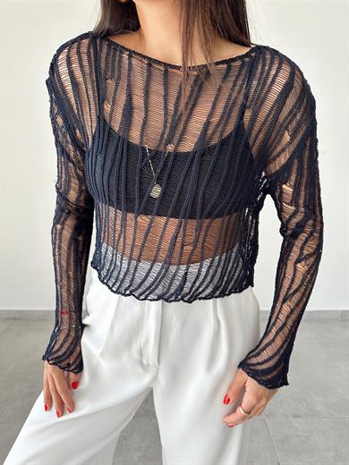 Lacivert Ajurlu Triko Bluz