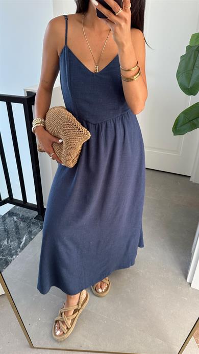 Lacivert Arkadan Bağlamalı Elbise