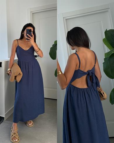 Lacivert Arkadan Bağlamalı Elbise