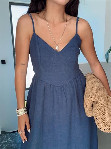 Lacivert Arkadan Bağlamalı Elbise