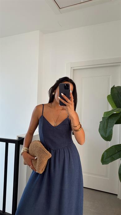 Lacivert Arkadan Bağlamalı Elbise