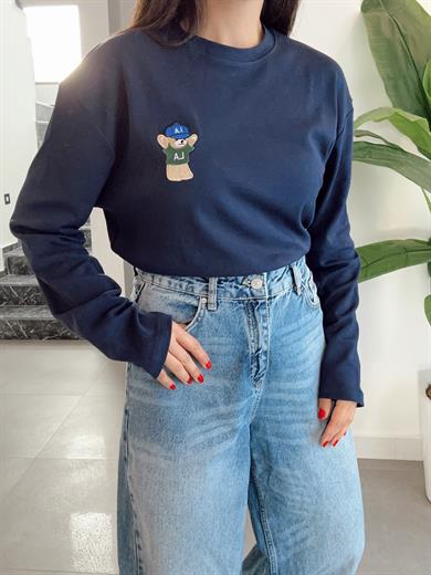 Lacivert Ayıcık Nakışlı Tişört