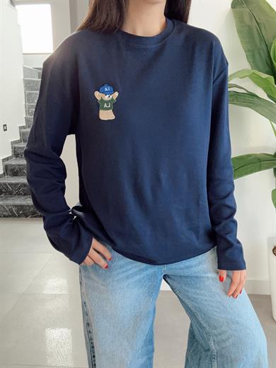 Lacivert Ayıcık Nakışlı Tişört