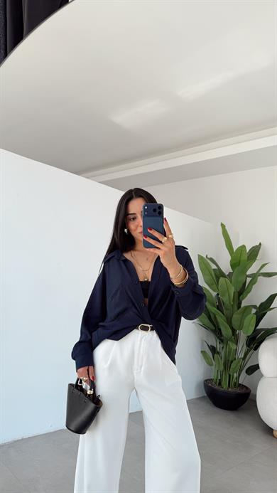 Lacivert Ayrobin Cepli Oversize Gömlek
