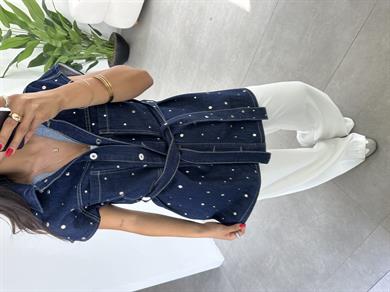 Lacivert Beli Kuşaklı Drop Çakımlı Kot Yelek