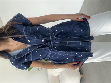 Lacivert Beli Kuşaklı Drop Çakımlı Kot Yelek