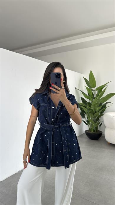 Lacivert Beli Kuşaklı Drop Çakımlı Kot Yelek