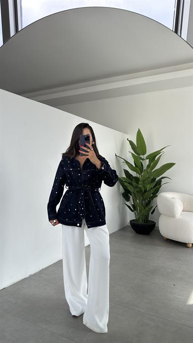 Lacivert Beli Kuşaklı Drop Çakımlı Kot Ceket