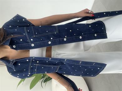 Lacivert Beli Kuşaklı Drop Çakımlı Kot Yelek