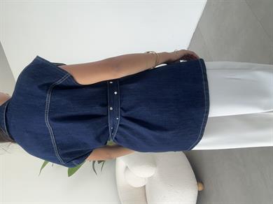 Lacivert Beli Kuşaklı Drop Çakımlı Kot Yelek