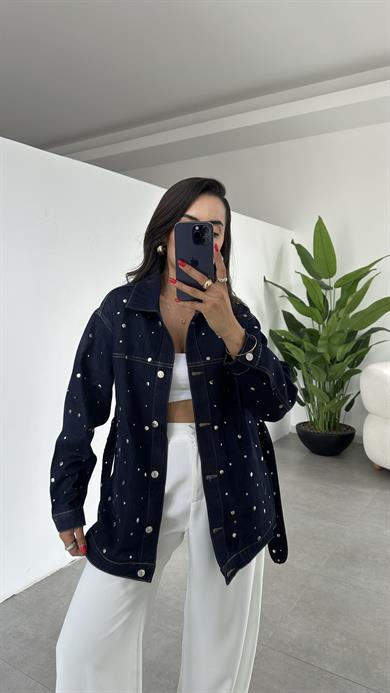 Lacivert Beli Kuşaklı Drop Çakımlı Kot Ceket