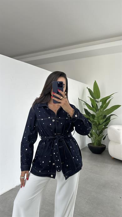 Lacivert Beli Kuşaklı Drop Çakımlı Kot Ceket