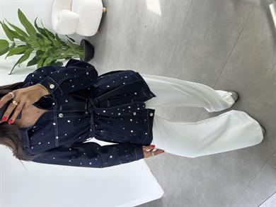 Lacivert Beli Kuşaklı Drop Çakımlı Kot Ceket