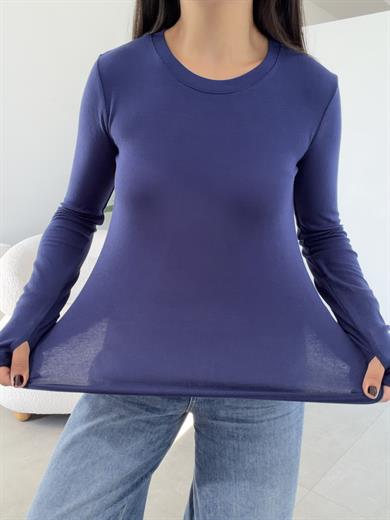 Lacivert Beliza Parmak Geçme Bisiklet Yaka Bluz