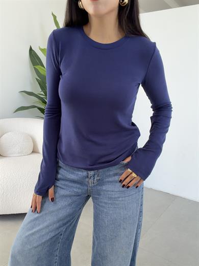 Lacivert Beliza Parmak Geçme Bisiklet Yaka Bluz