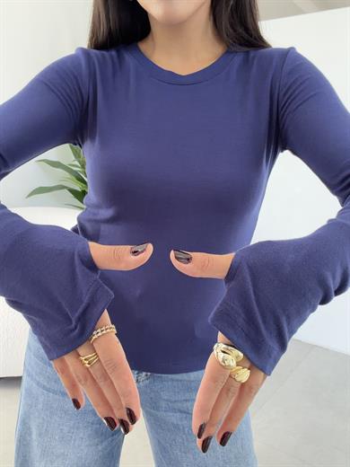 Lacivert Beliza Parmak Geçme Bisiklet Yaka Bluz