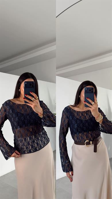 Lacivert Bisiklet Yaka Uzun Kollu Dantel Bluz